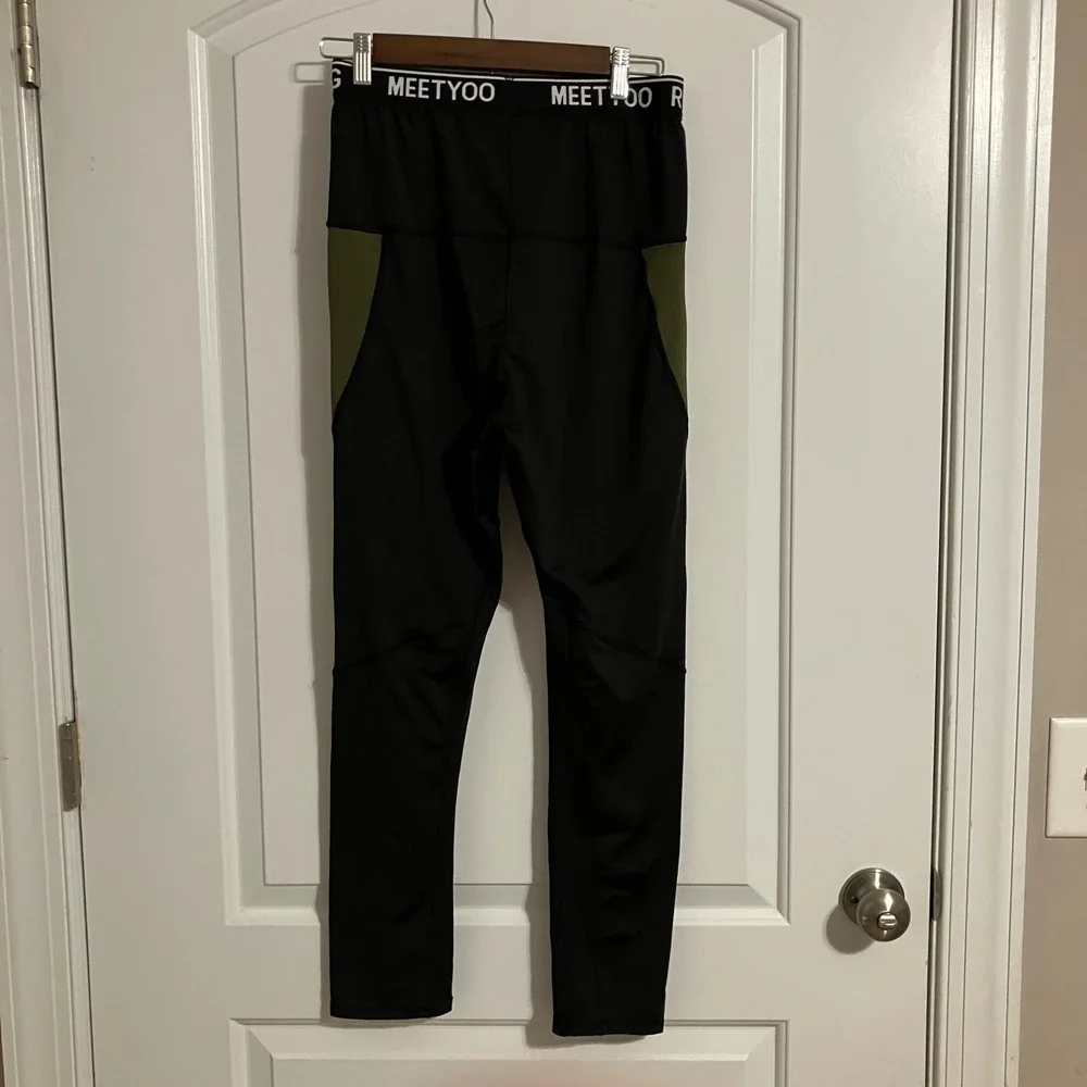 MEETYOO Mens Compression Leggings Black Olive Green Running Tights Size L
